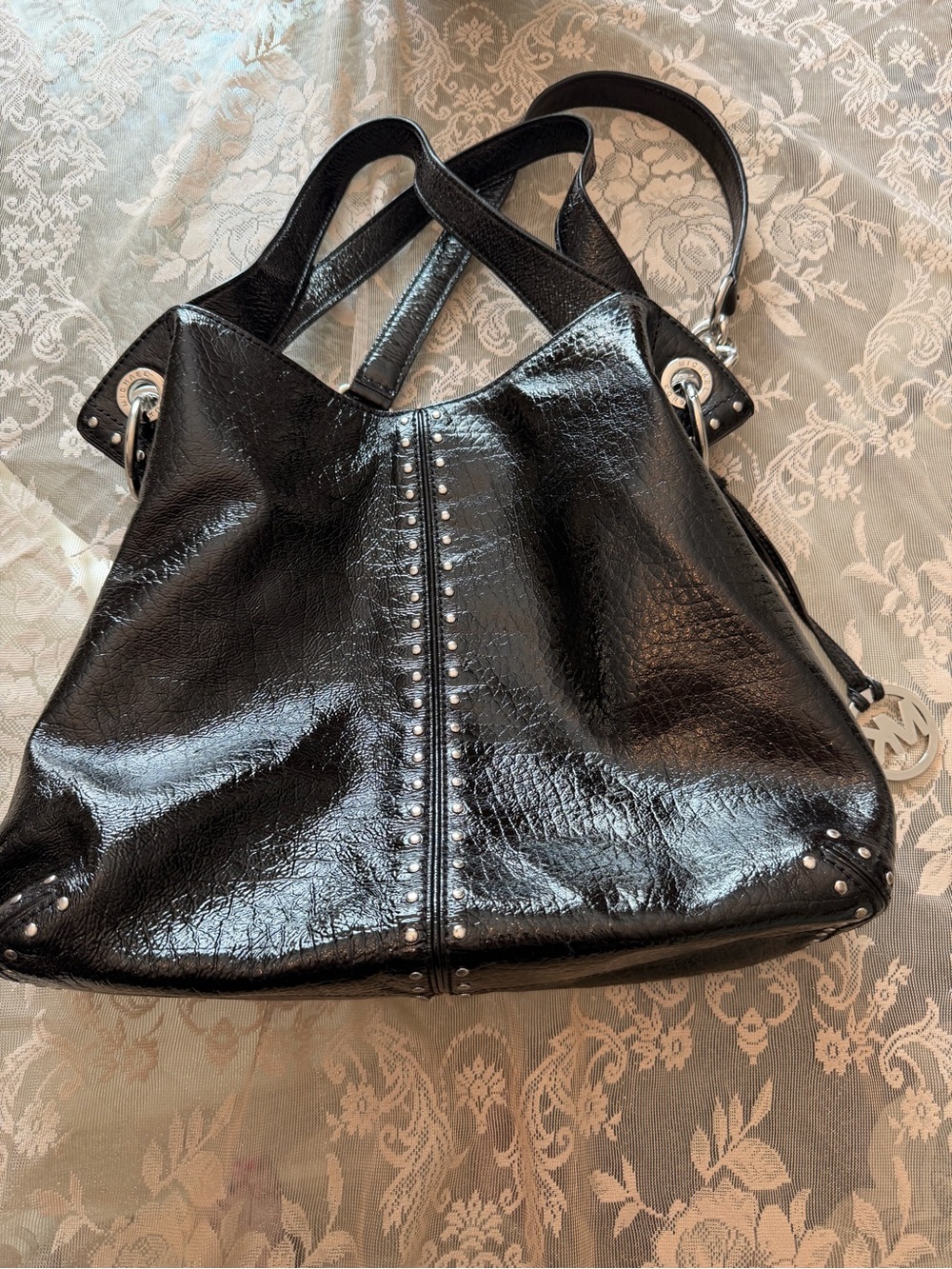 Michael Kors Black Studded Uptown Astor Patent Leather Shoulder Hobo Bag